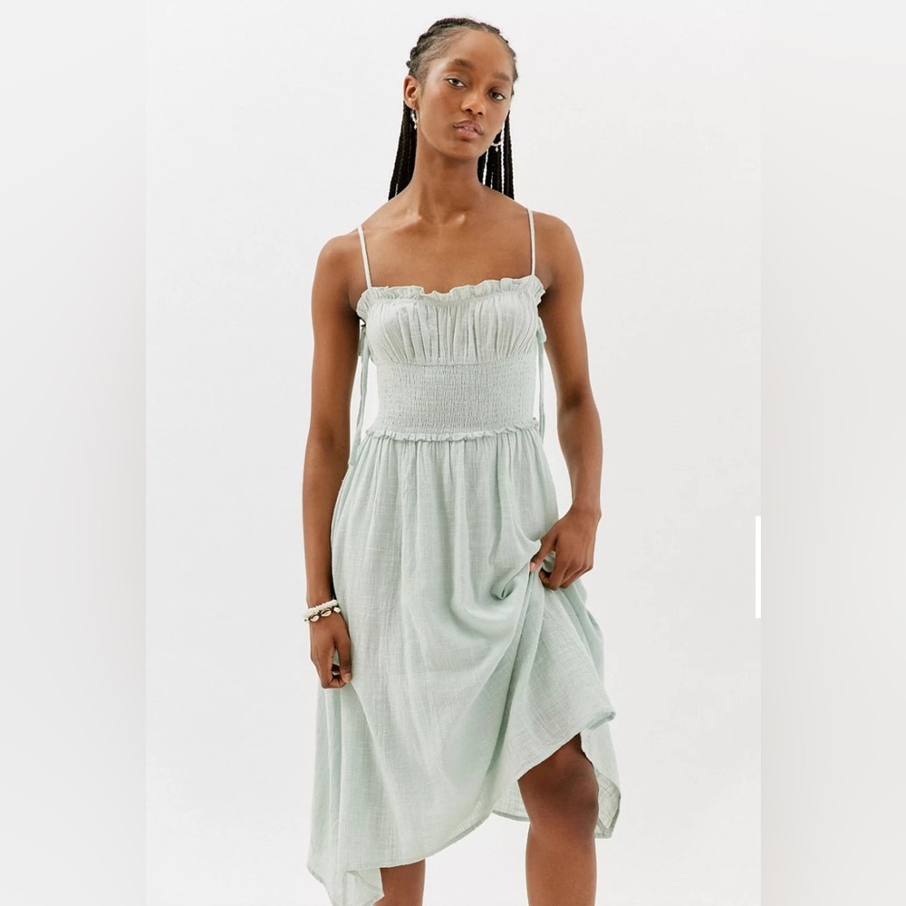 Free People Green Ruched Ruffled Midi Sundress